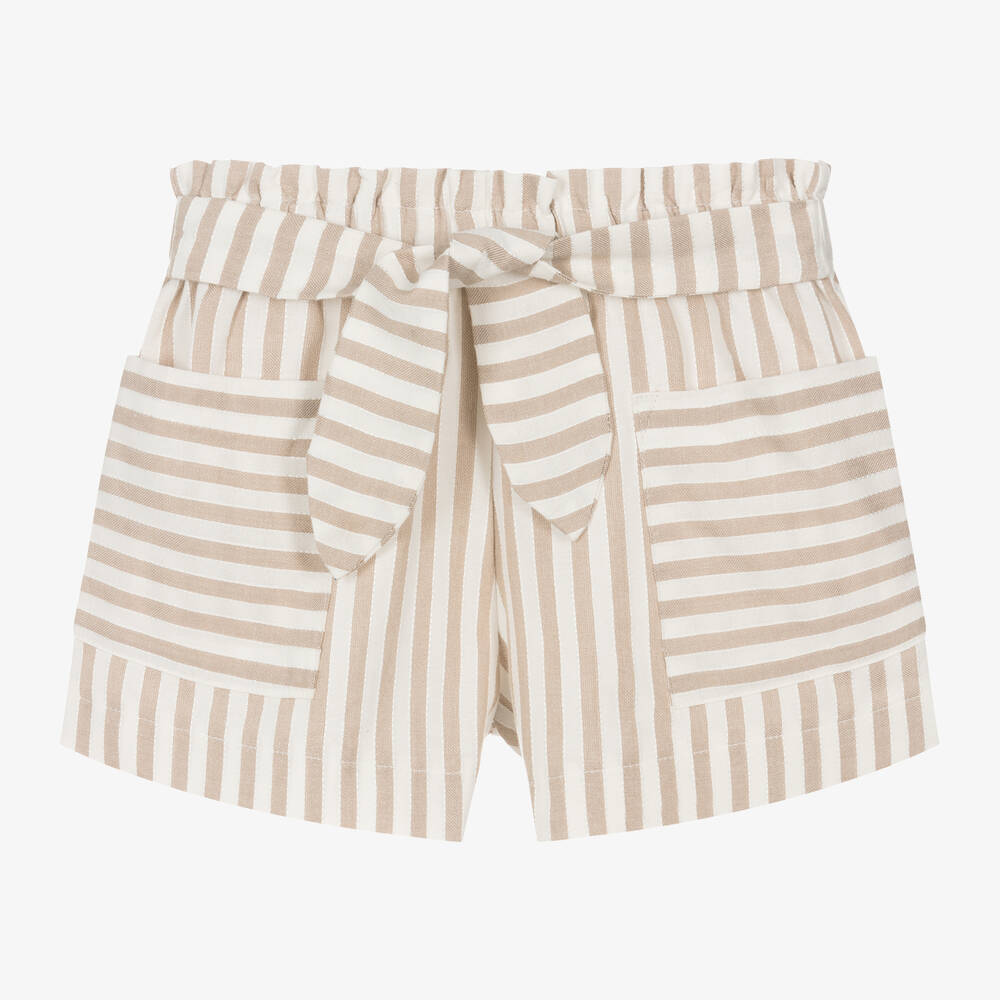 Mayoral - Girls Beige & White Striped Shorts | Childrensalon