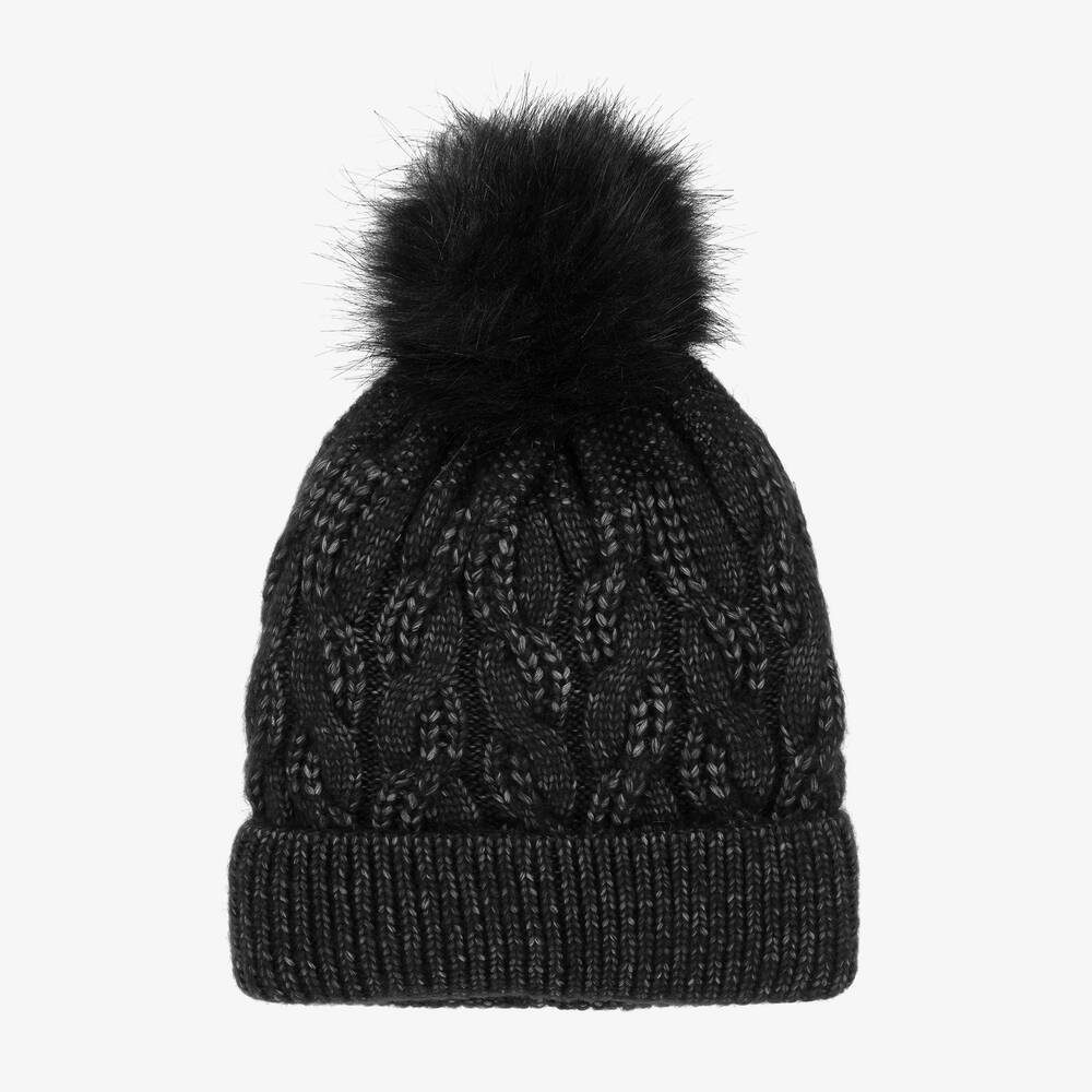 Mayoral - Girls Black Cable Knit Pom-Pom Hat | Childrensalon