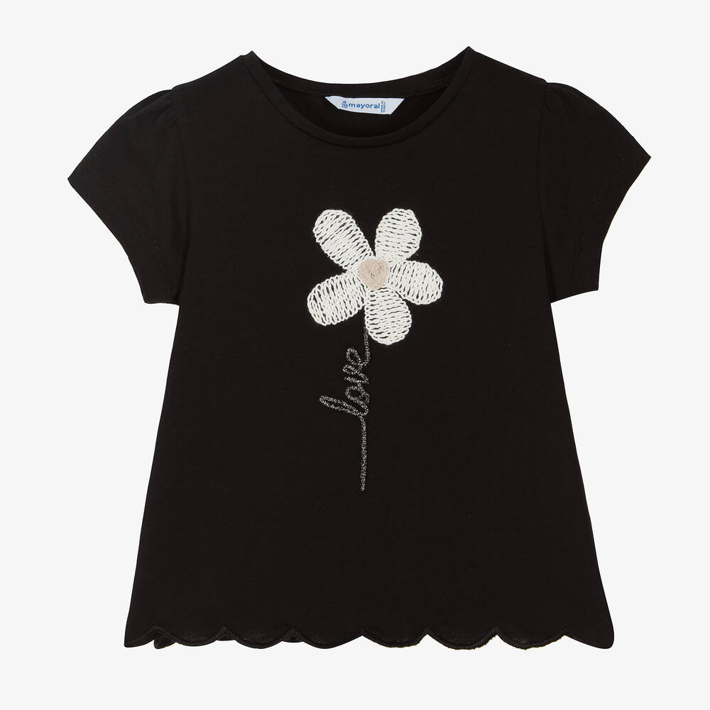 Mayoral - Girls Black Cotton Flower T-Shirt | Childrensalon