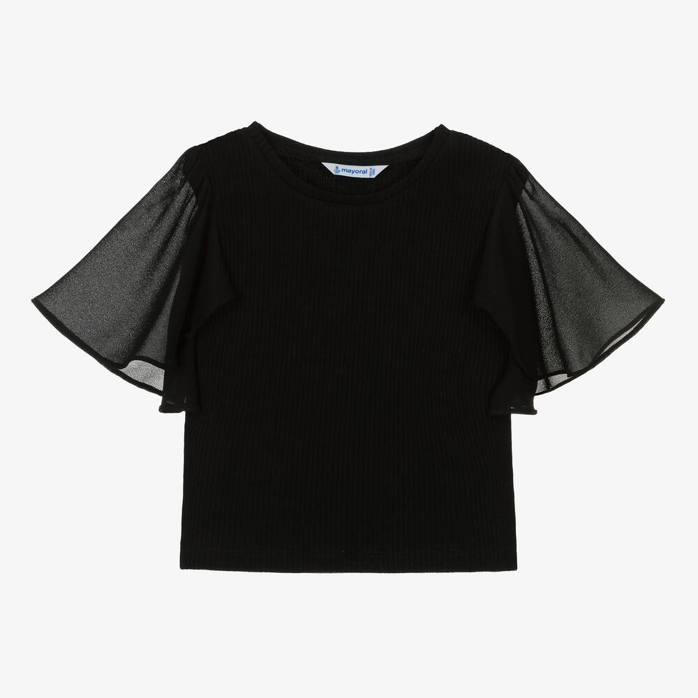 Mayoral - Girls Black Cotton Rib T-Shirt | Childrensalon