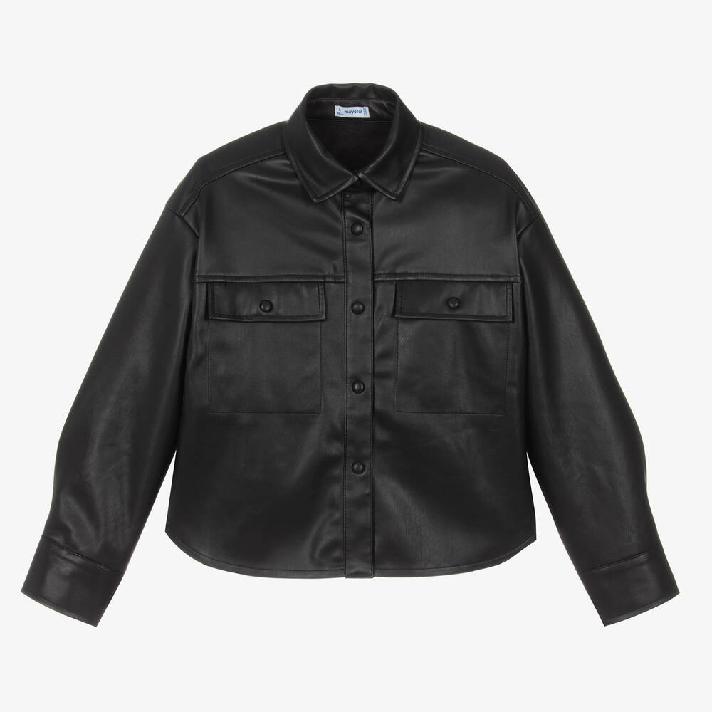 Mayoral - Girls Black Faux Leather Overshirt | Childrensalon