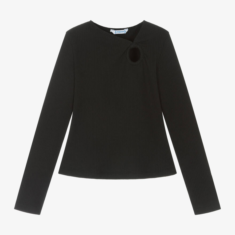 Mayoral - Girls Black Ribbed Cotton Jersey Top | Childrensalon