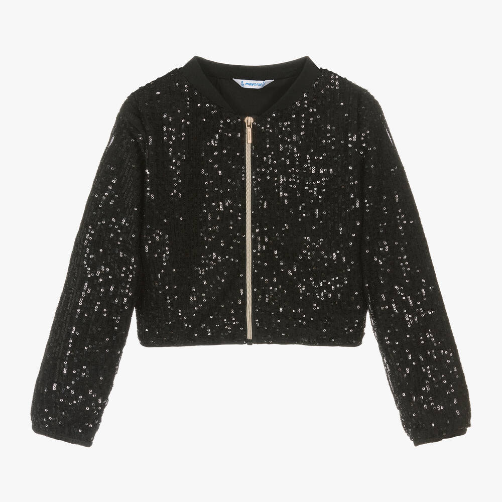 Mayoral - Girls Black Sequin Zip-Up Top | Childrensalon