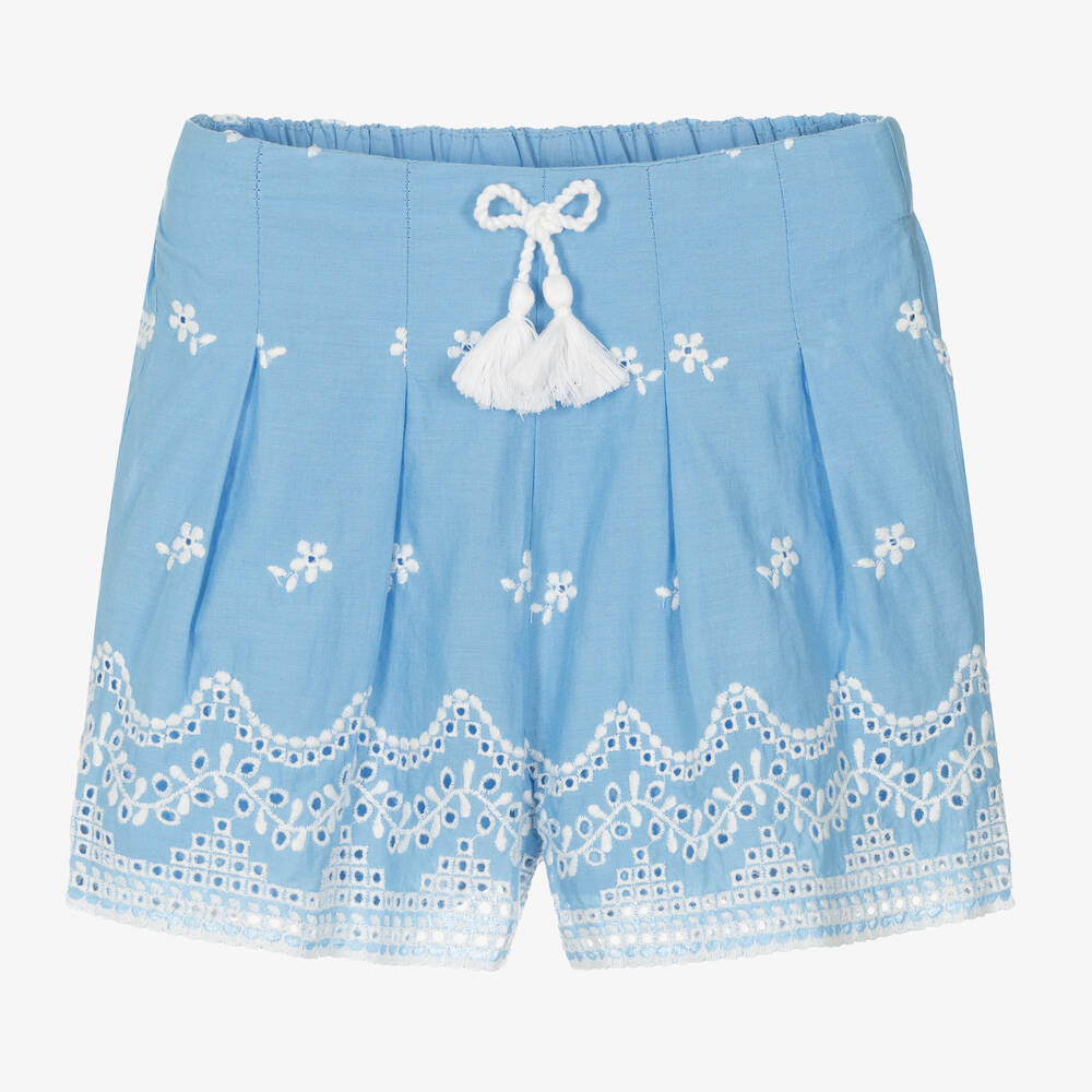 Mayoral - Girls Blue Broderie Anglaise Shorts | Childrensalon
