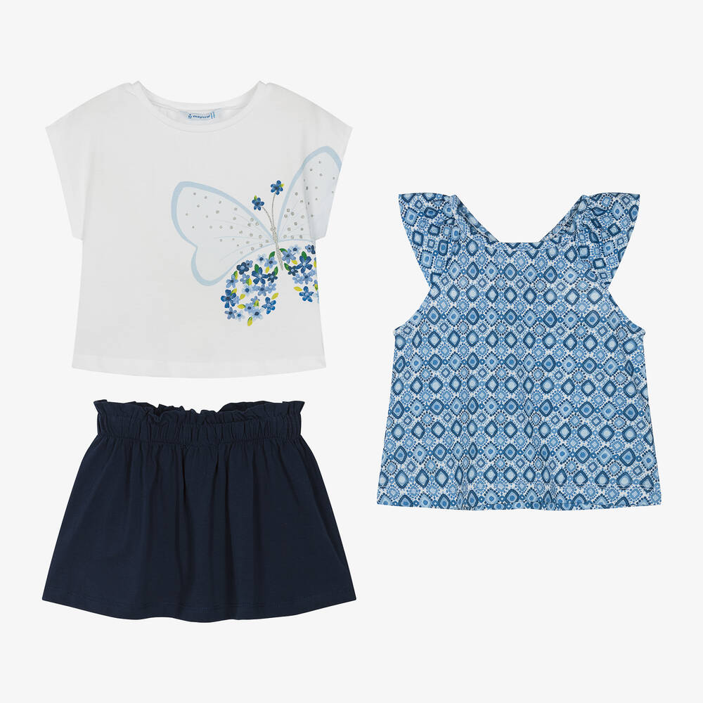 Mayoral - Girls Blue Cotton Butterfly Skirt Set | Childrensalon