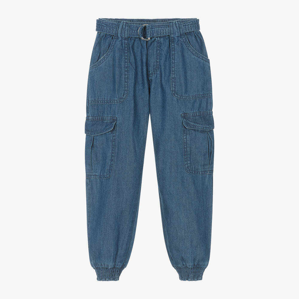 Shop Mayoral Girls Blue Cotton Chambray Cargo Trousers