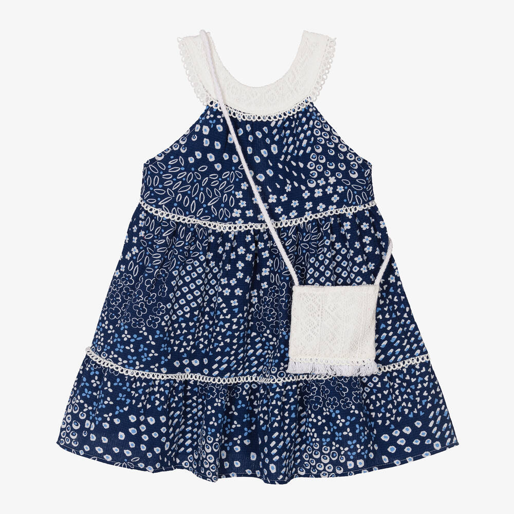 Mayoral - Girls Blue Cotton Dress & Ivory Bag Set | Childrensalon