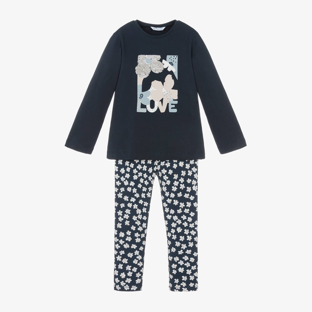 Mayoral - Girls Blue Cotton Flower Print Leggings Set | Childrensalon