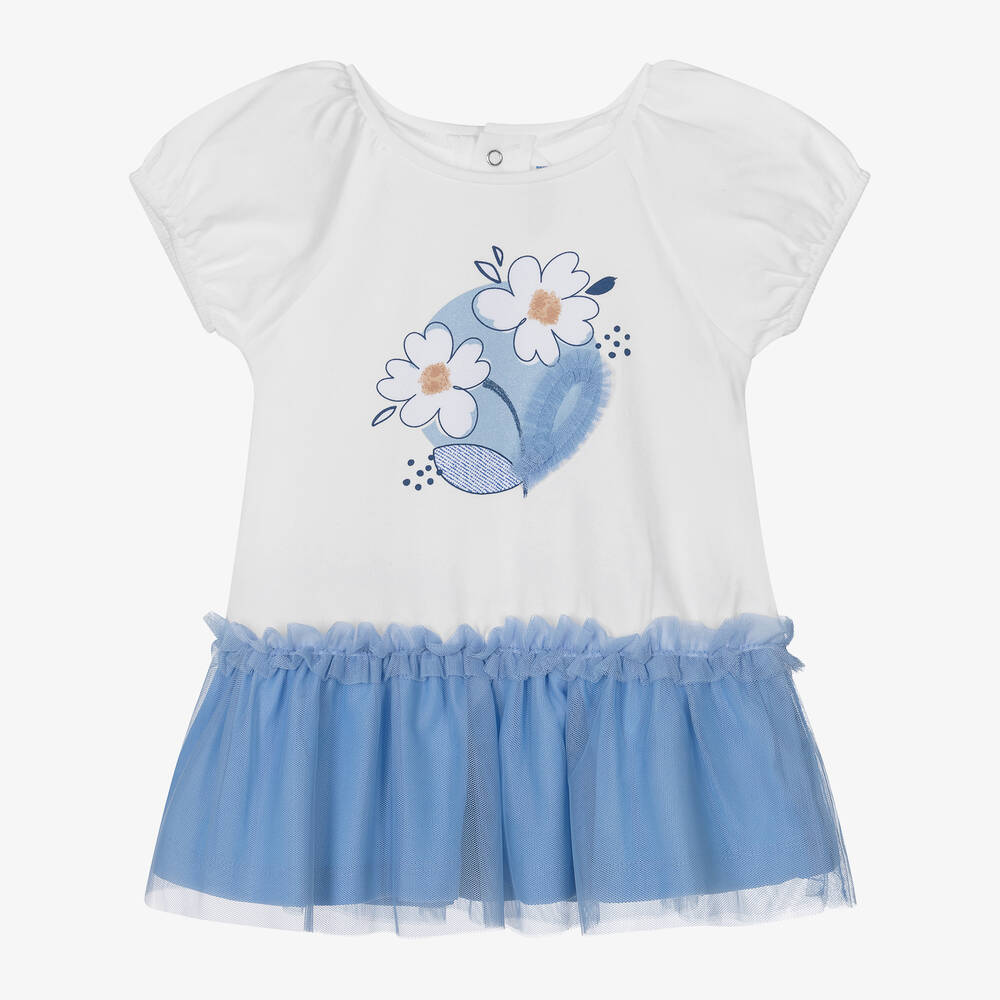 Mayoral - Girls Blue Cotton & Tulle Flower Dress | Childrensalon