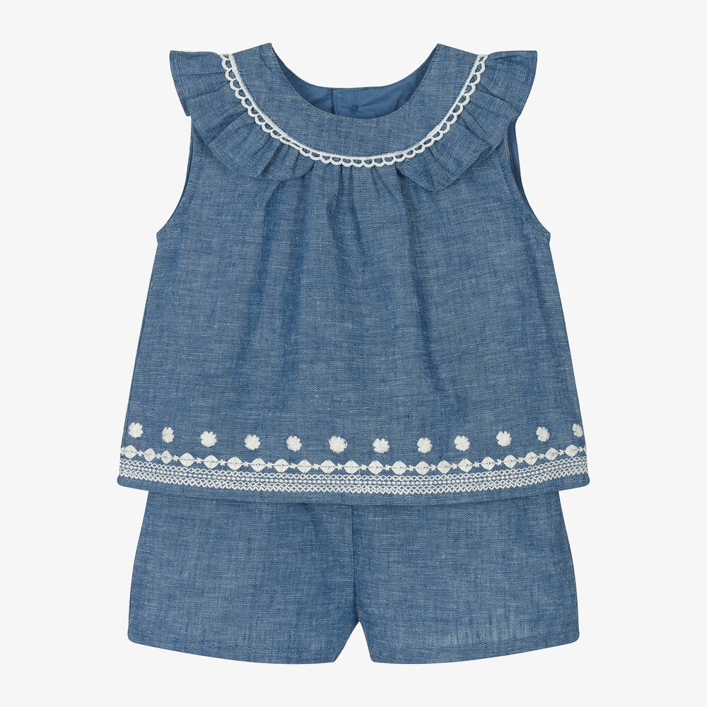 Mayoral - Girls Blue Embroidered Chambray Shorts Set | Childrensalon