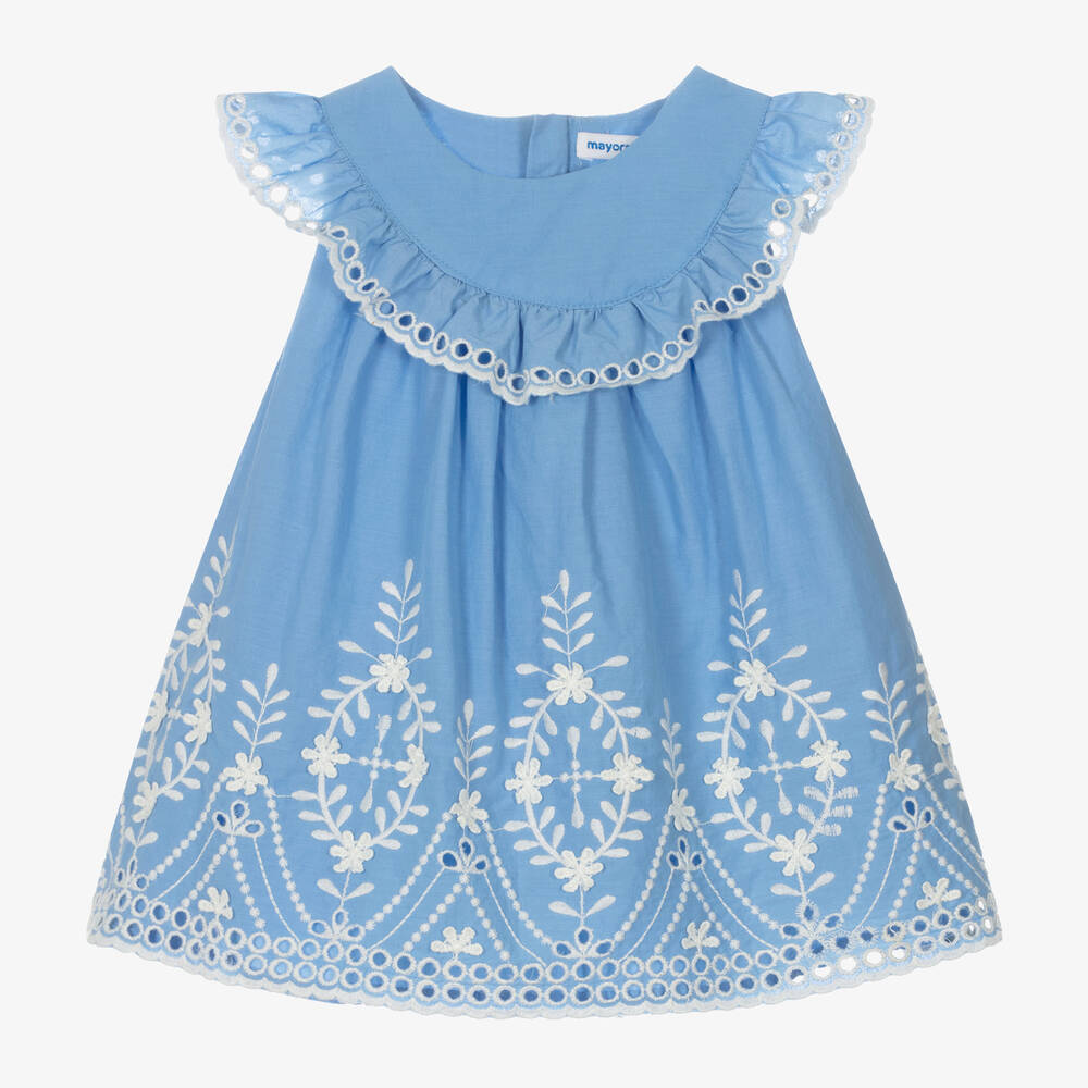 Mayoral - Girls Blue Embroidered Cotton Dress | Childrensalon