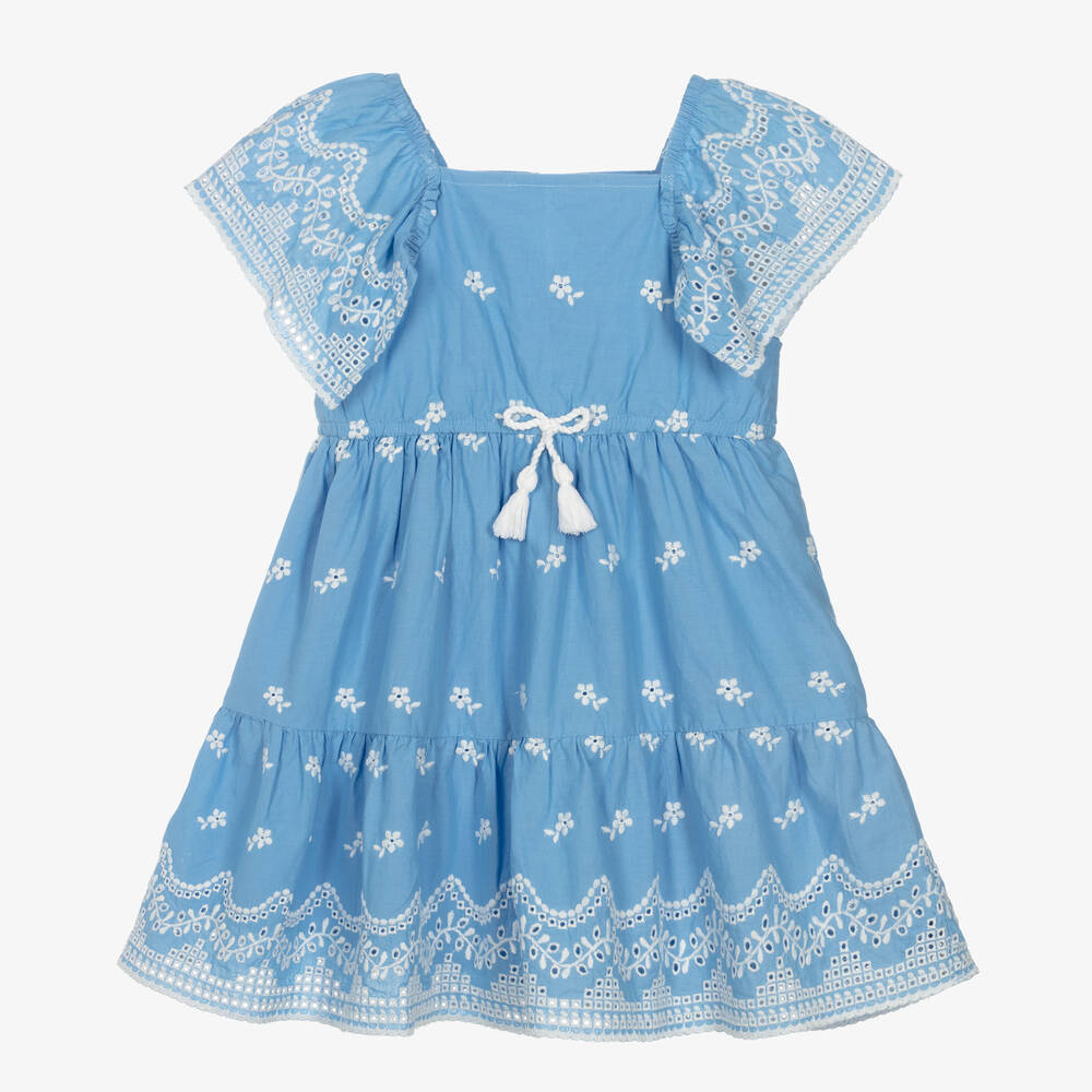 Shop Mayoral Girls Blue Embroidered Cotton Dress