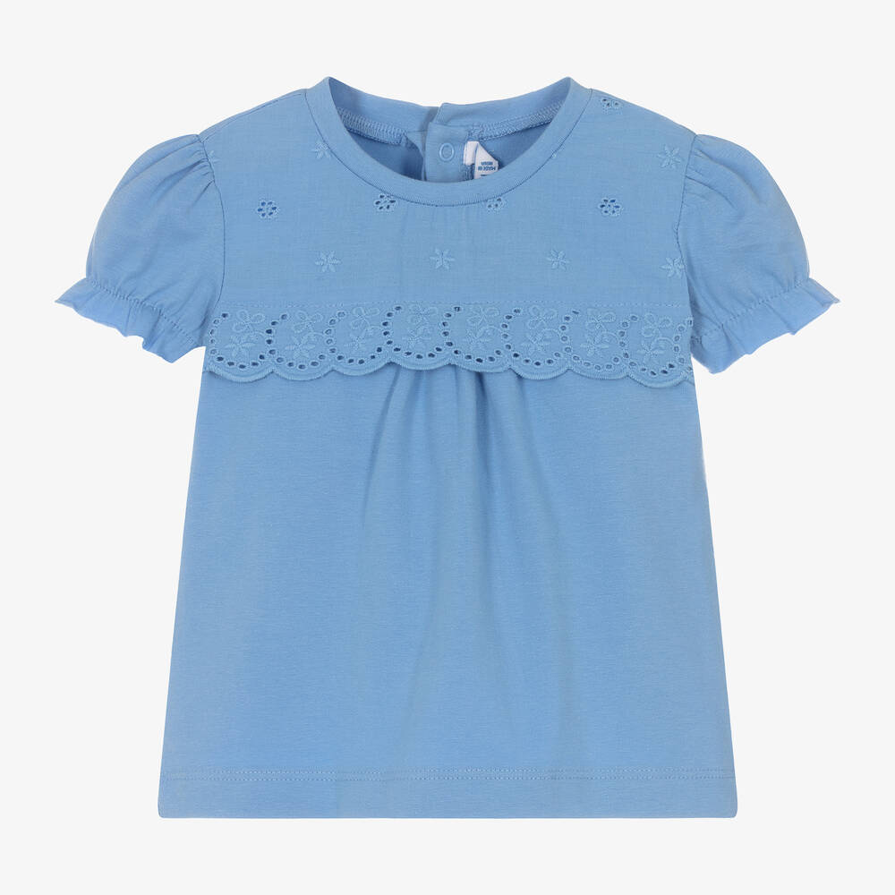 Mayoral - Girls Blue Embroidered Cotton T-Shirt | Childrensalon