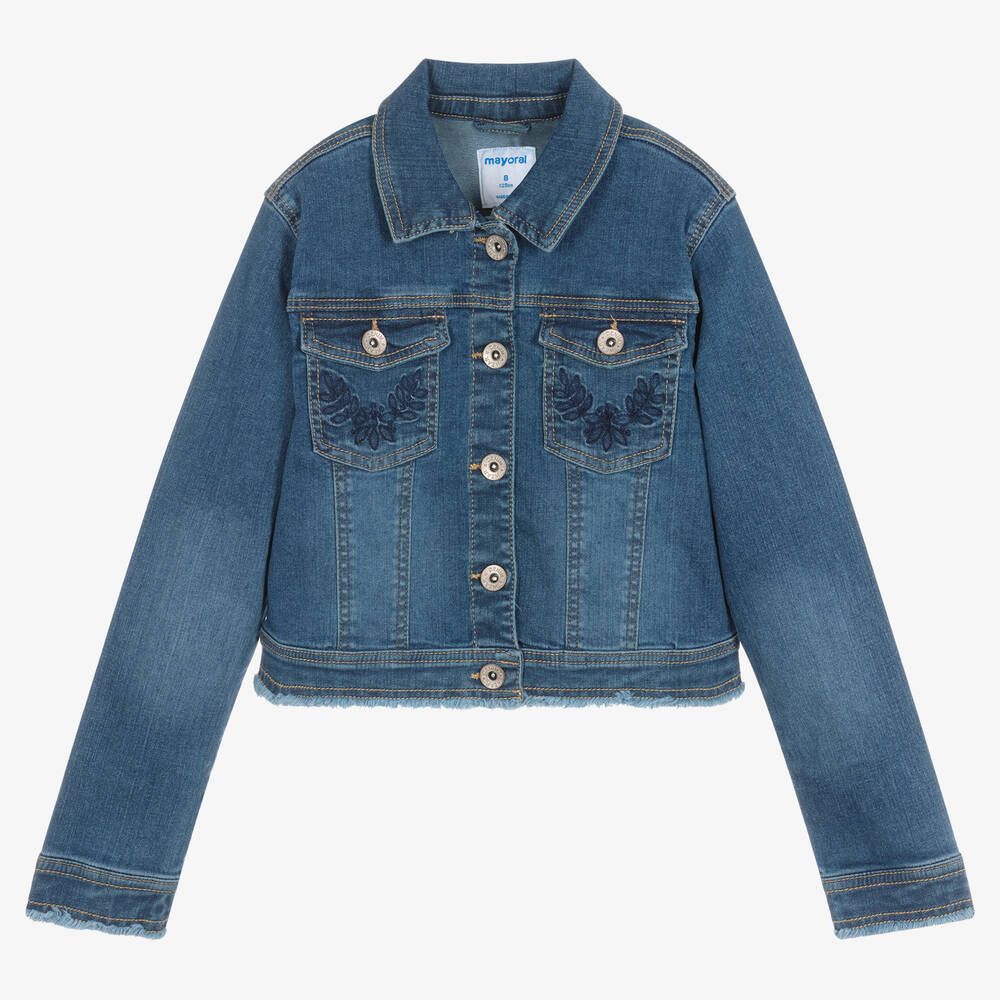 Mayoral - Girls Blue Embroidered Denim Jacket | Childrensalon