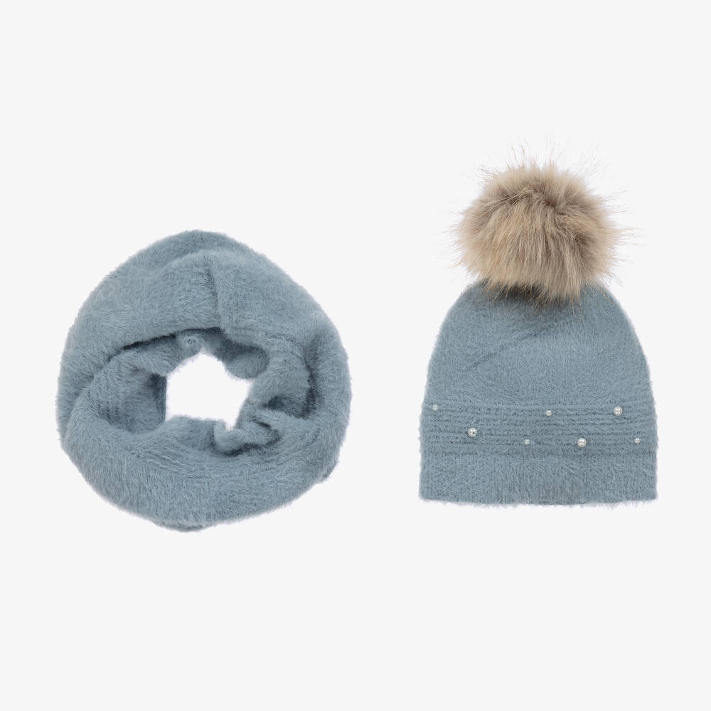 Mayoral - Girls Blue Faux Pearl Hat & Snood Set | Childrensalon