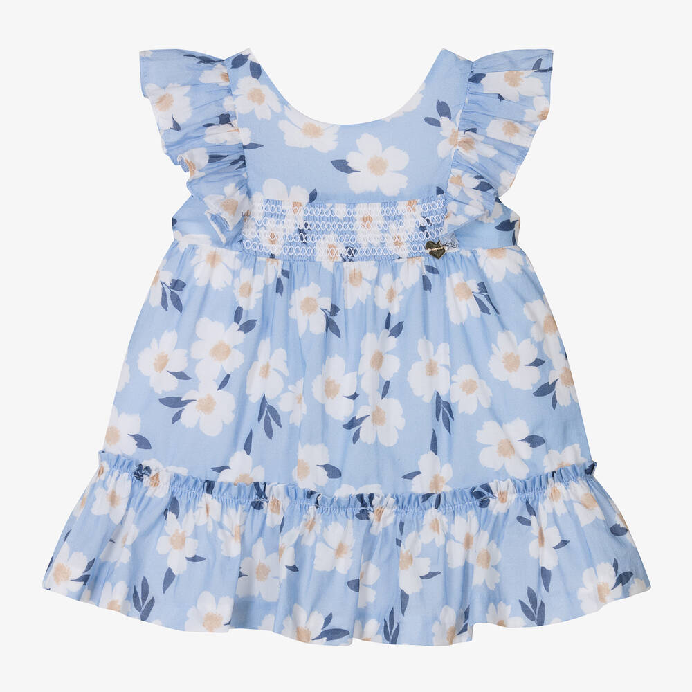 Mayoral - Girls Blue Floral Cotton Shirred Dress | Childrensalon