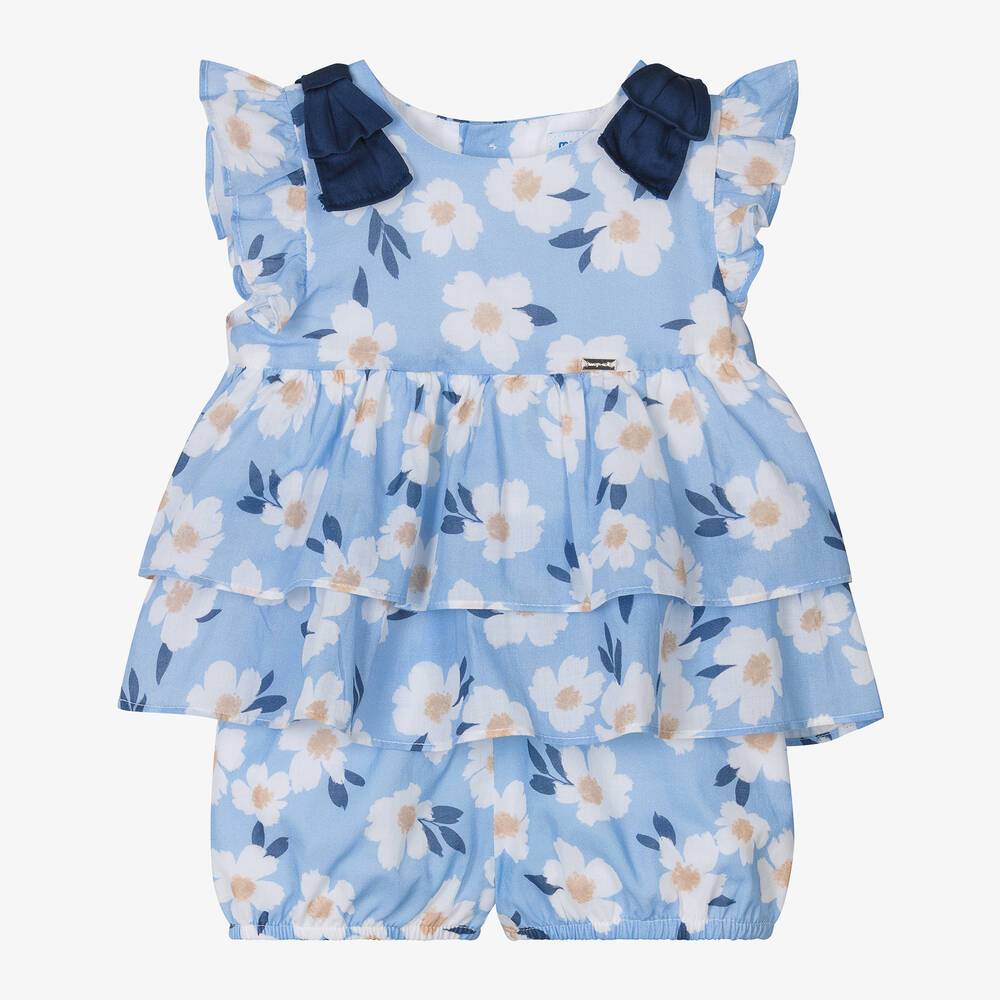 Mayoral - Girls Blue Floral Cotton Shorts Set | Childrensalon