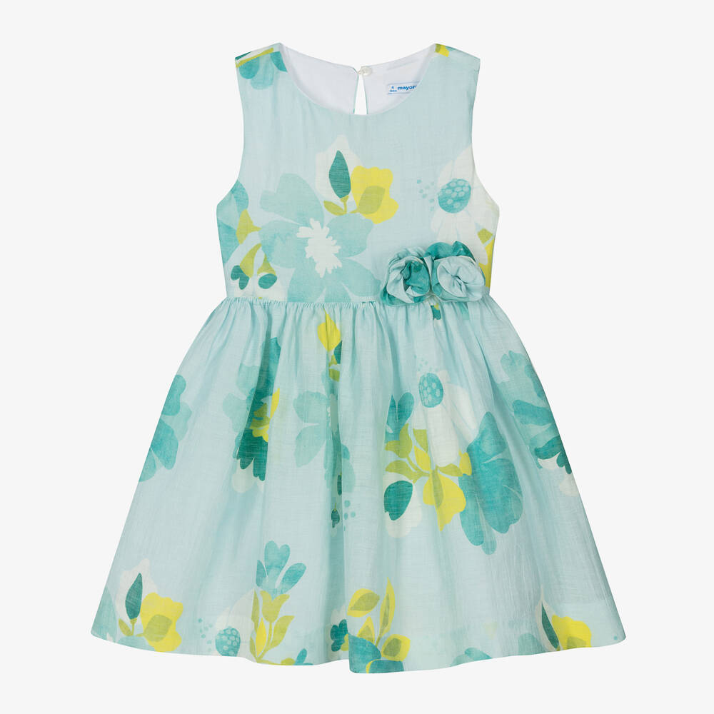 Mayoral - Girls Blue Floral Linen Dress | Childrensalon
