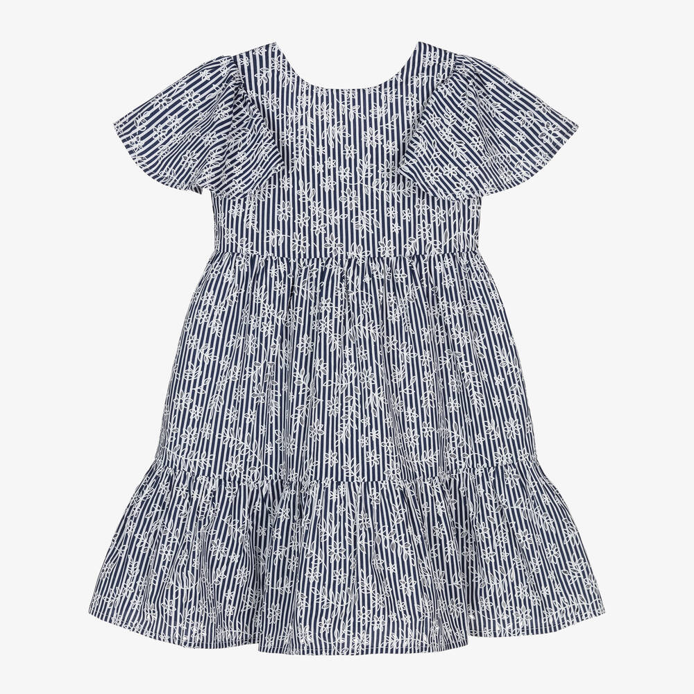 Mayoral - Girls Blue Floral Stripe Cotton Dress | Childrensalon