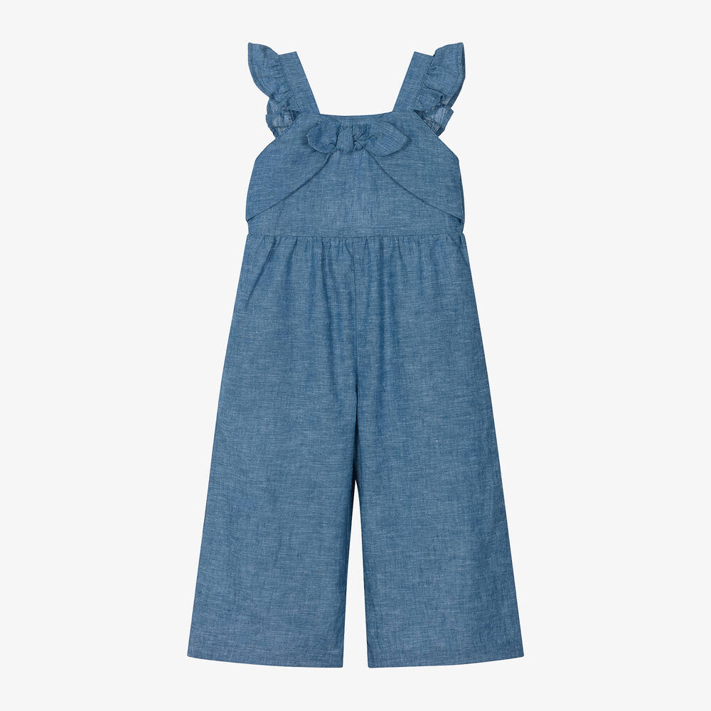 Mayoral - Girls Blue Linen & Cotton Bow Jumpsuit | Childrensalon