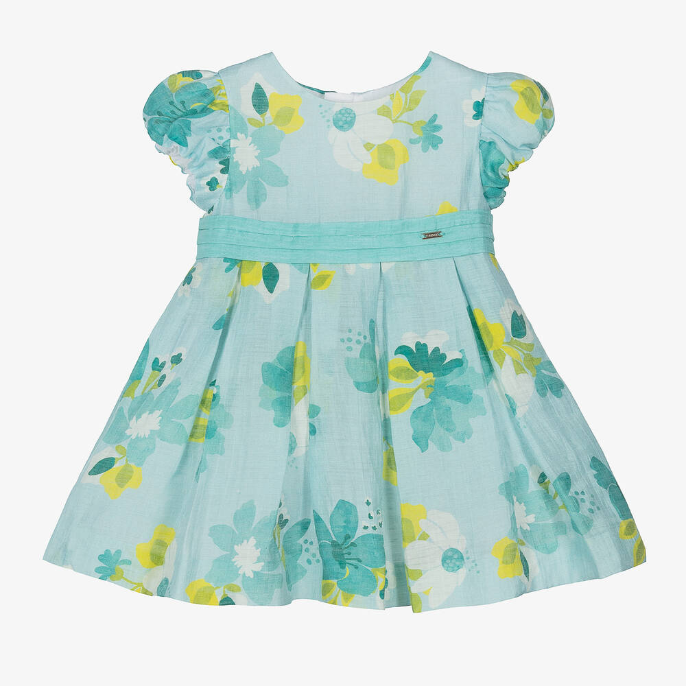 Mayoral - Girls Blue Linen Floral Dress | Childrensalon