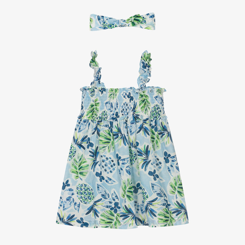 Mayoral - Girls Blue Tropical Cotton Dress Set | Childrensalon