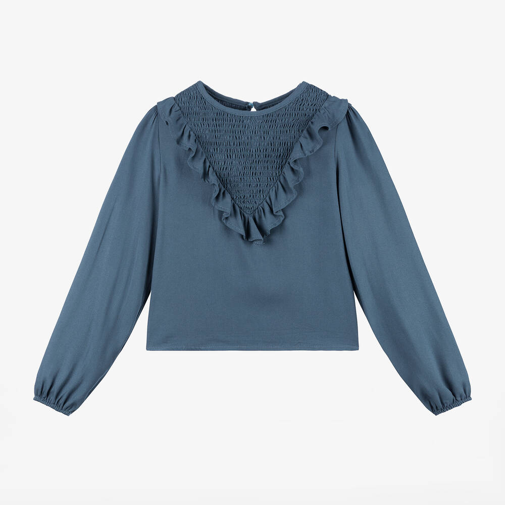 Mayoral - Girls Blue Viscose Frill Blouse | Childrensalon