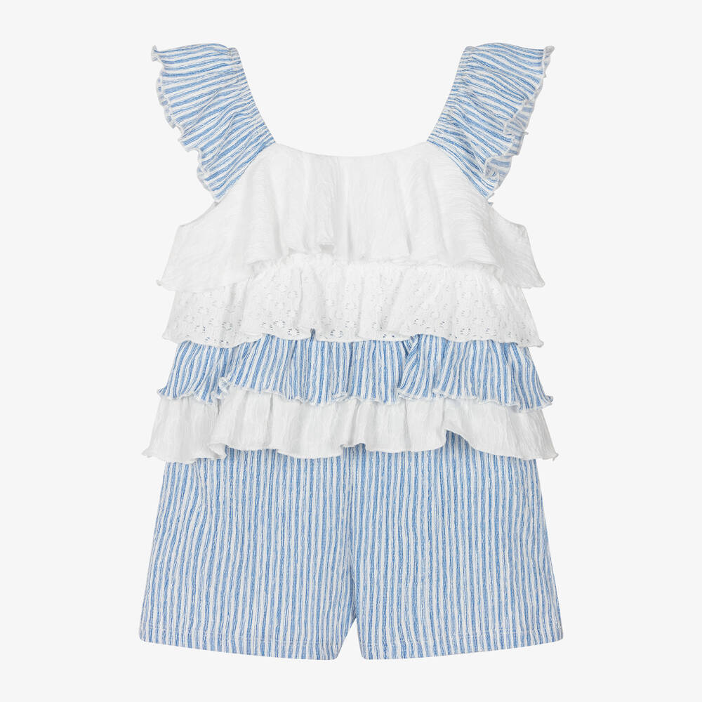 Mayoral - Girls Blue & White Striped Shorts Set | Childrensalon