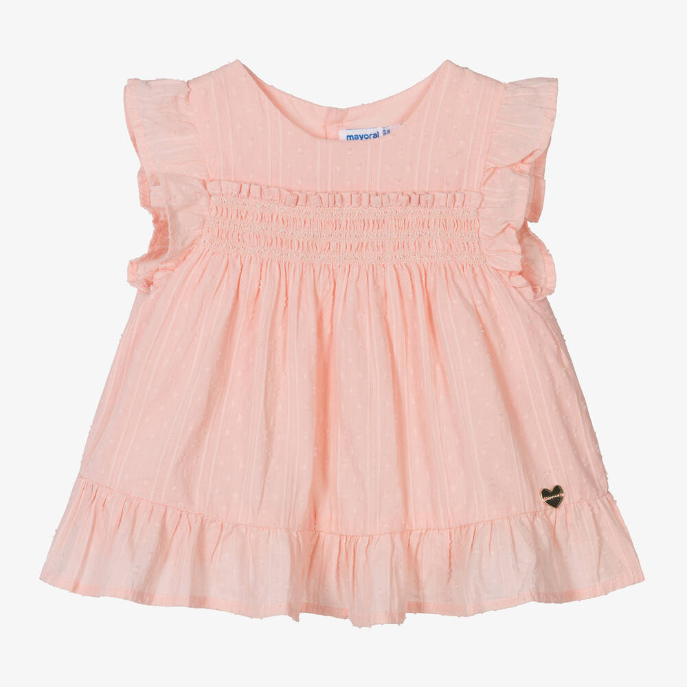 Mayoral - Girls Coral Pink Shirred Cotton Blouse | Childrensalon