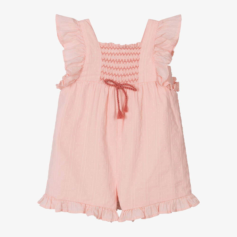 Mayoral - Girls Coral Pink Shirred Cotton Playsuit | Childrensalon
