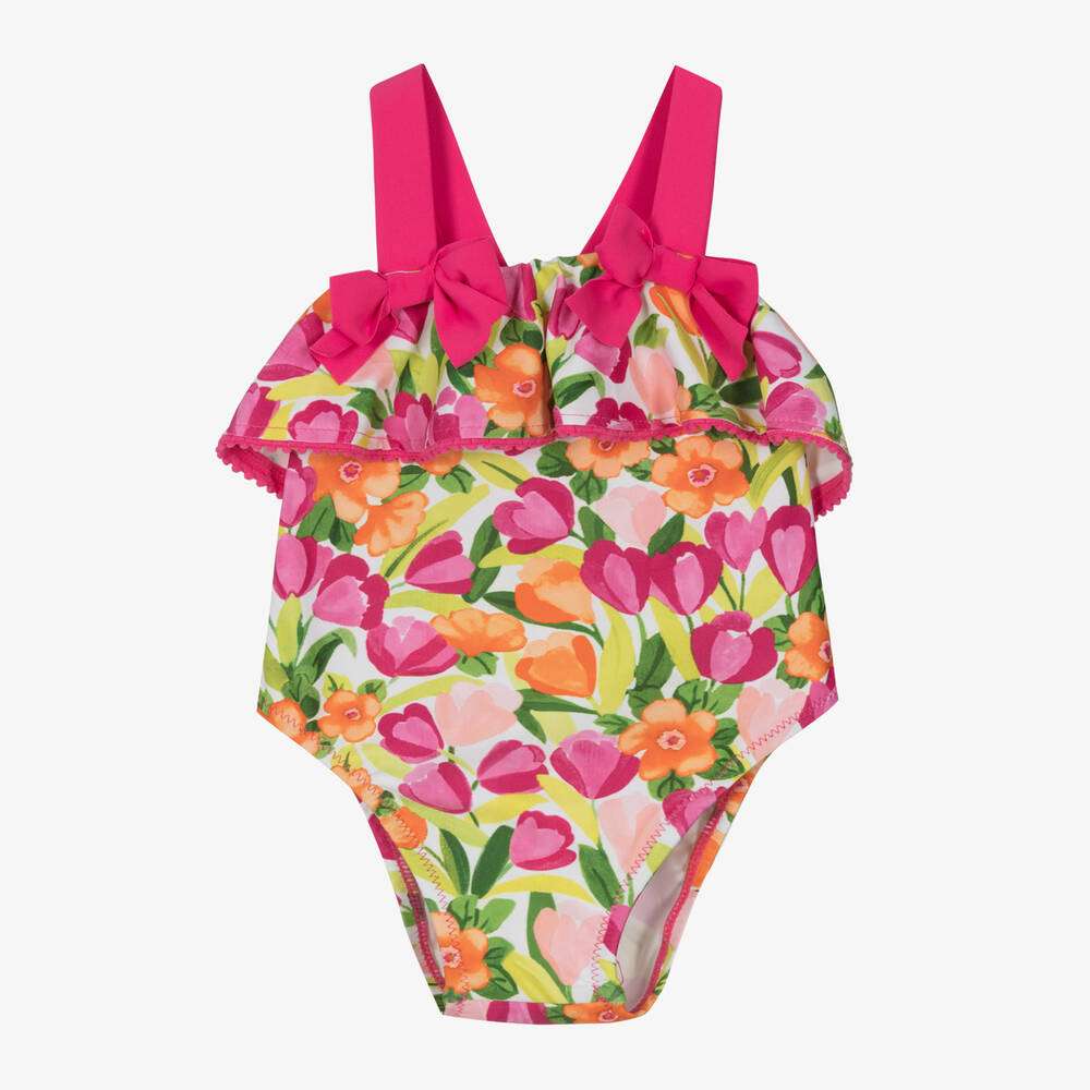 Mayoral - Girls Fuchsia Pink Floral Ruffle Swimsuit | Childrensalon