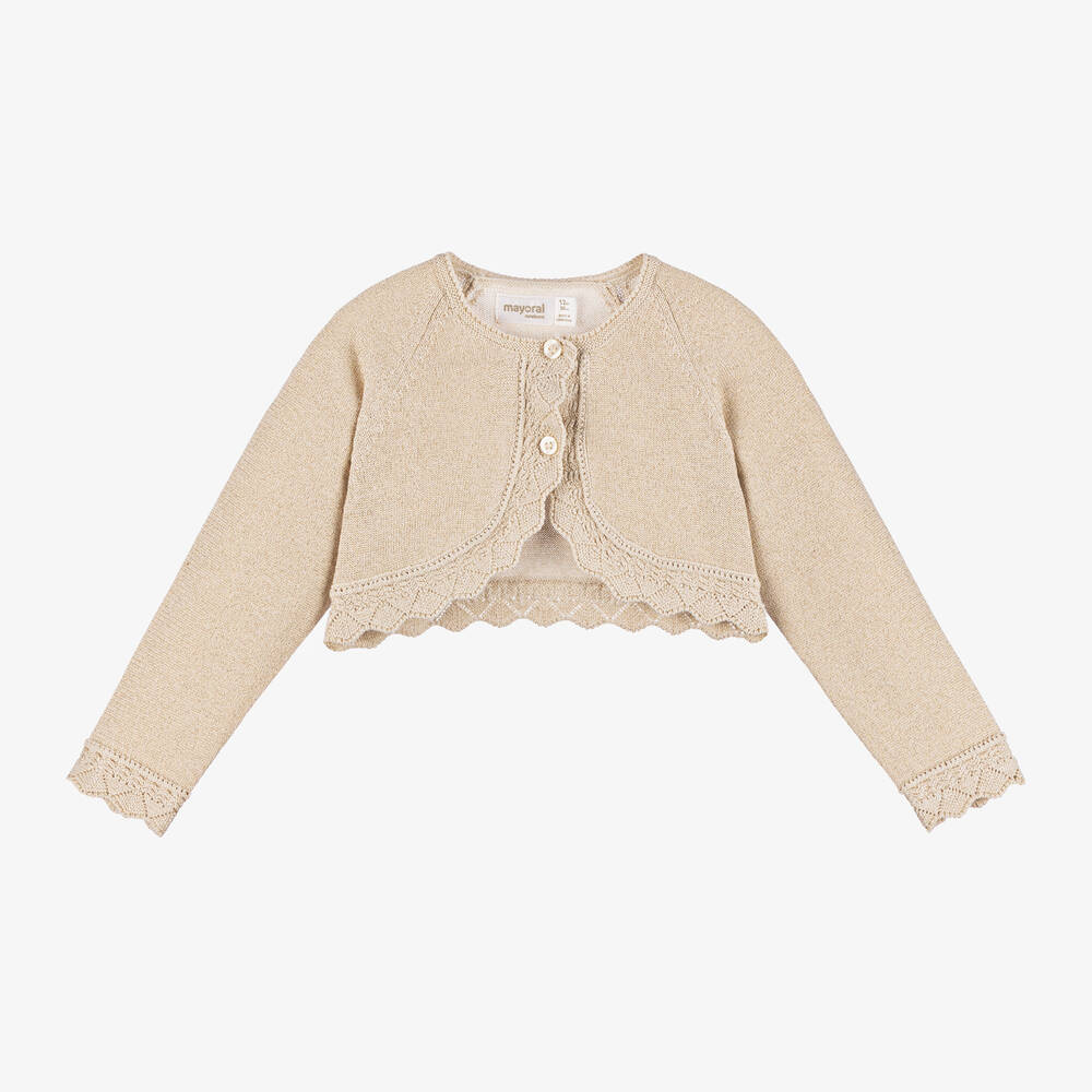 Mayoral Newborn - Girls Gold Cotton Sparkle Bolero Cardigan | Childrensalon