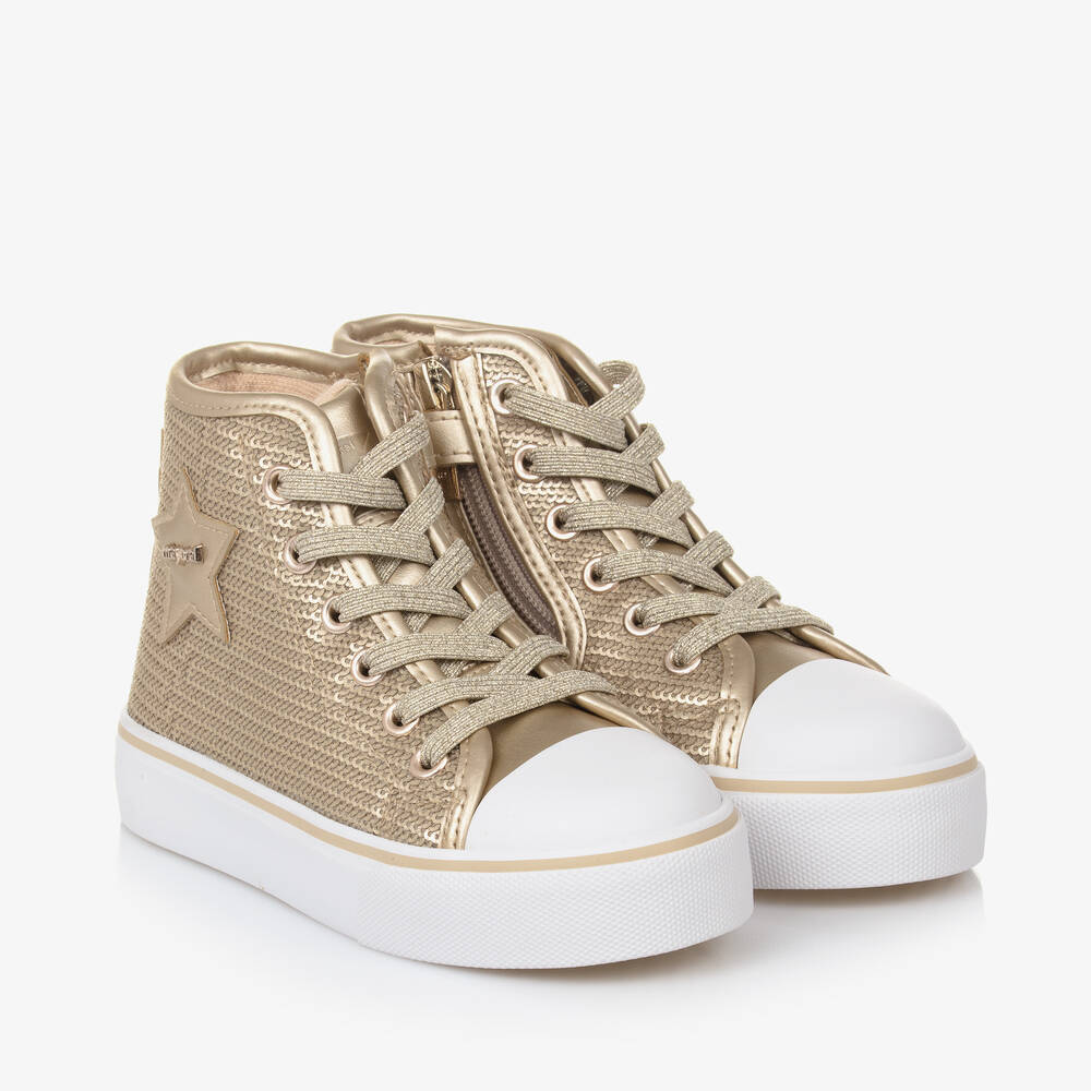 Mayoral - Girls Gold Sequin High-Top Trainers | Childrensalon