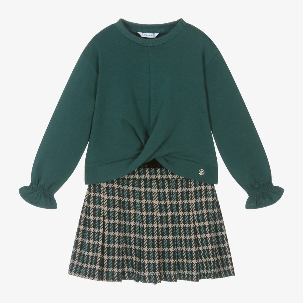 Mayoral - Girls Green Check Cotton Skort Set  | Childrensalon