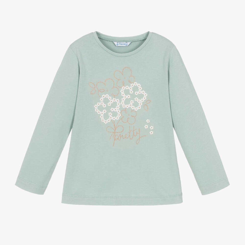 Mayoral -  Girls Green Cotton Flower Top | Childrensalon