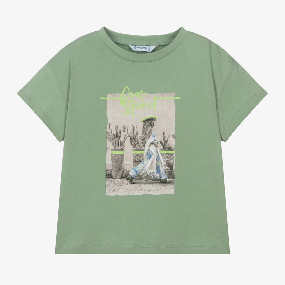 Mayoral - Girls Green Cotton Girl Print T-Shirt | Childrensalon