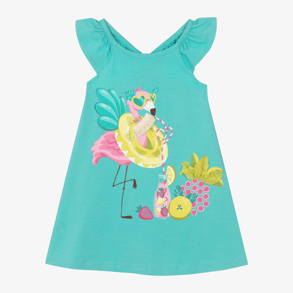 Mayoral - Girls Green Flamingo Cotton Dress | Childrensalon
