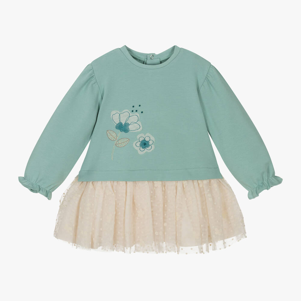 Mayoral - Girls Green Jersey & Tulle Dress | Childrensalon