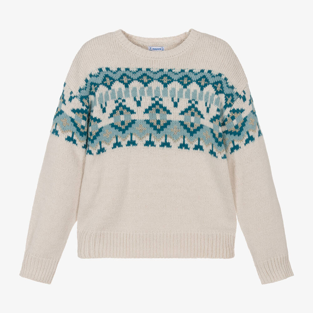 Mayoral - Girls Ivory & Blue Fair Isle Jumper | Childrensalon