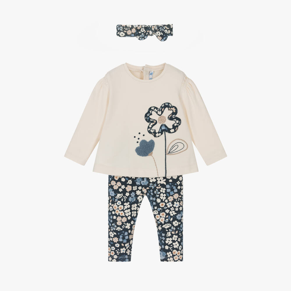 Mayoral - Girls Ivory & Blue Floral Cotton Leggings Set | Childrensalon