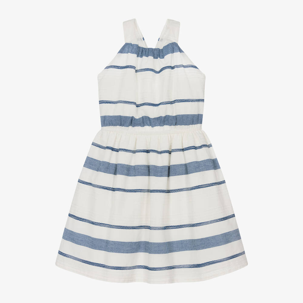 Mayoral - Girls Ivory & Blue Striped Linen Dress | Childrensalon