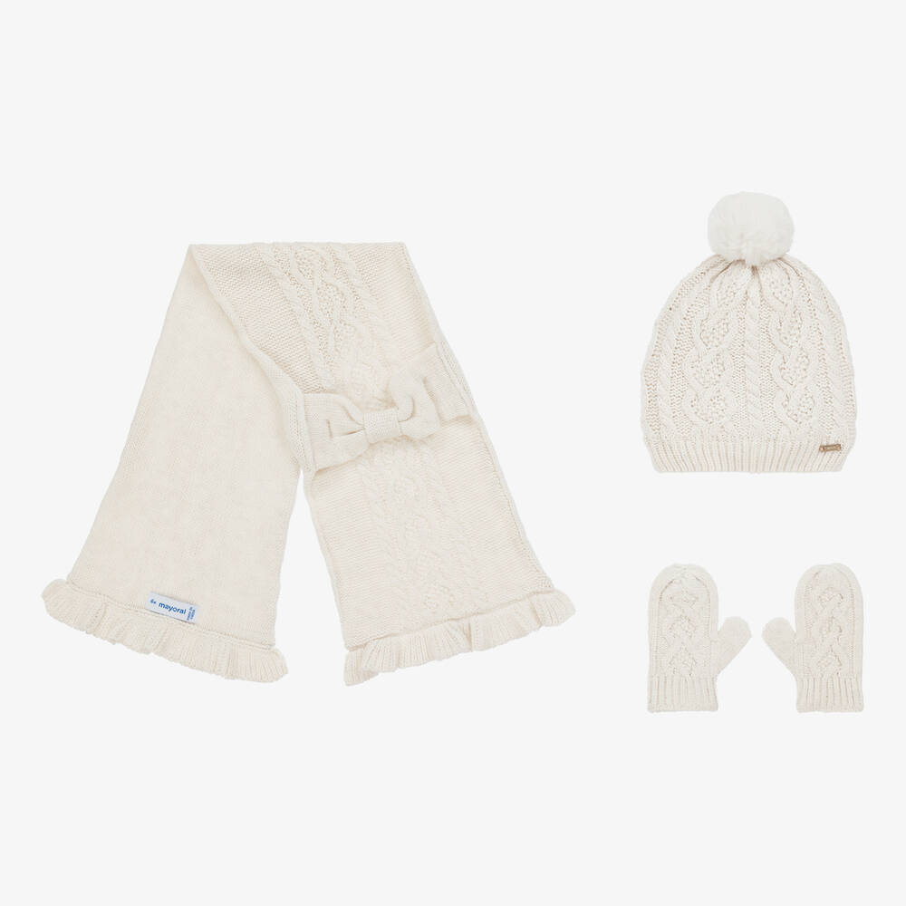 Mayoral - Girls Ivory Cable Knit Hat Set | Childrensalon