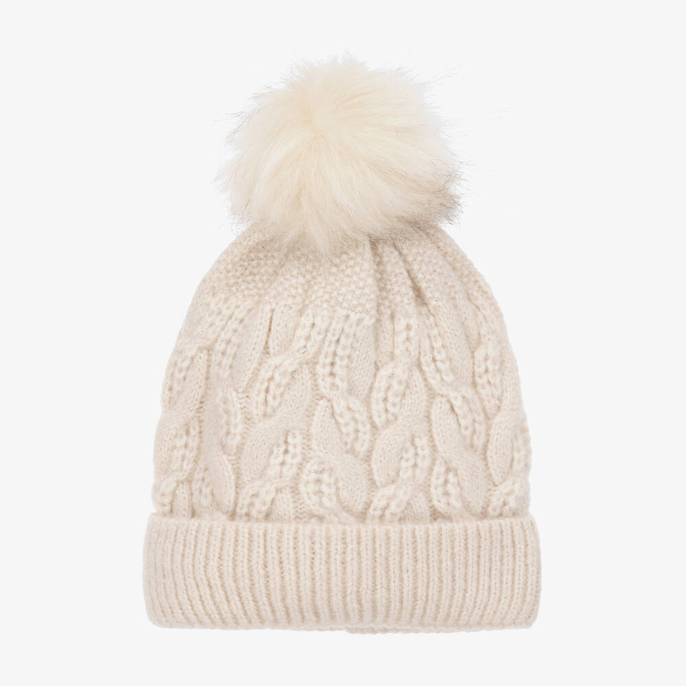 Mayoral - Girls Ivory Cable Knit Pom-Pom Hat | Childrensalon