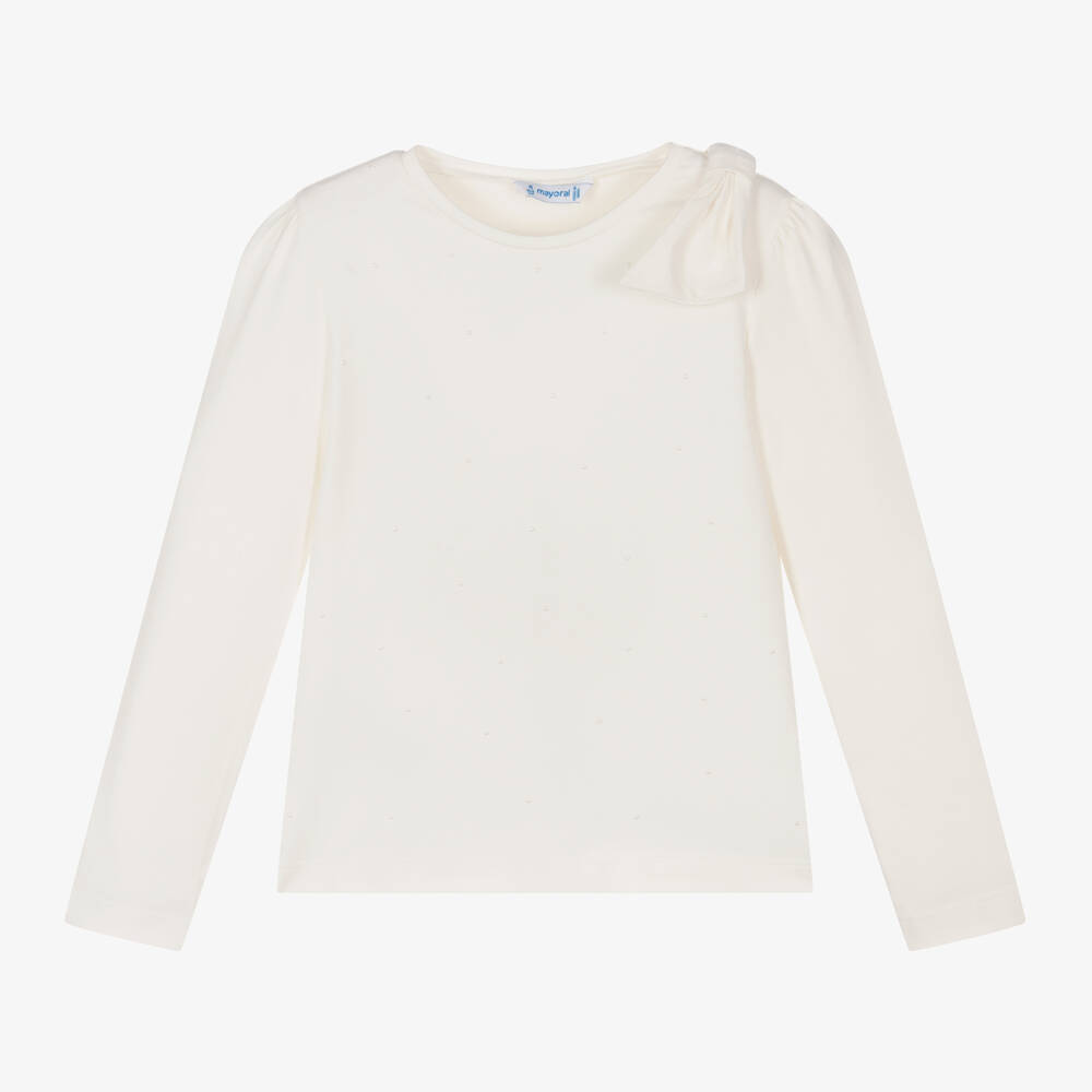 Mayoral - Girls Ivory Cotton Faux Pearl Top | Childrensalon