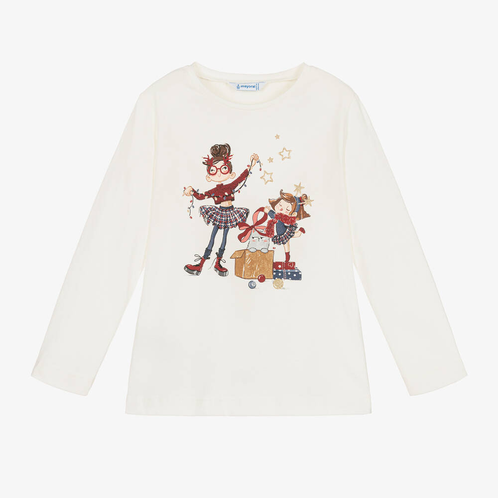 Mayoral -  Girls Ivory Cotton Festive Top | Childrensalon