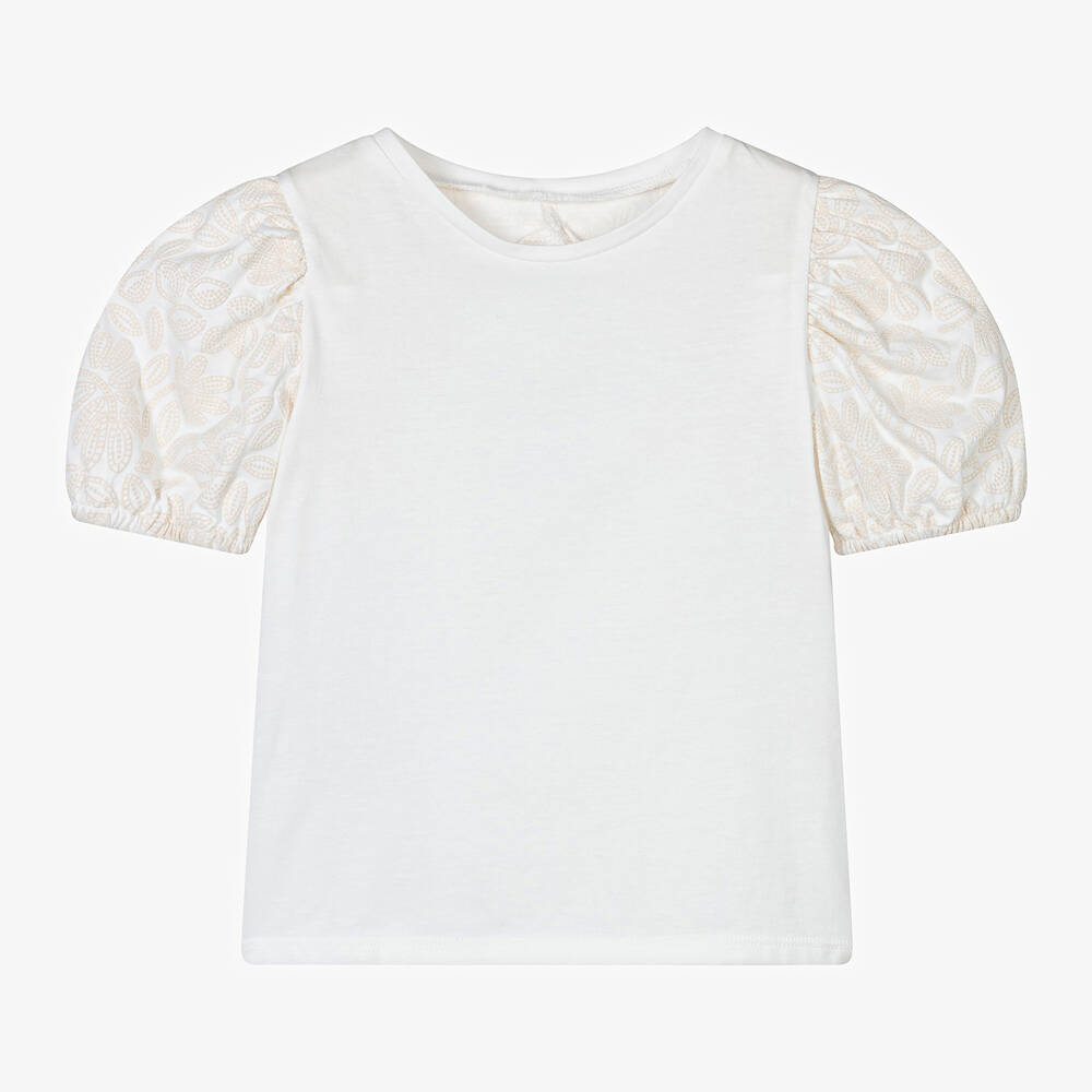 Mayoral - Girls Ivory Cotton Floral T-Shirt | Childrensalon