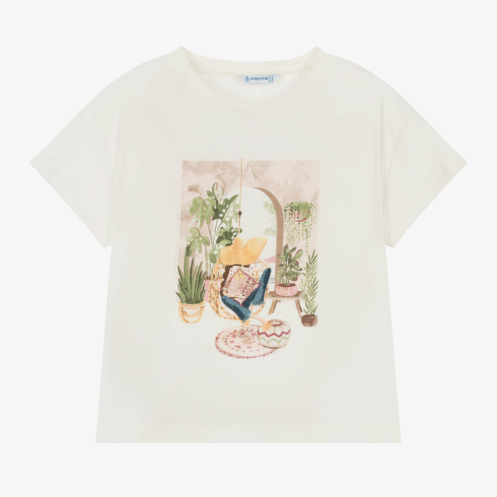 Shop Mayoral Girls Ivory Cotton Girl Print T-shirt