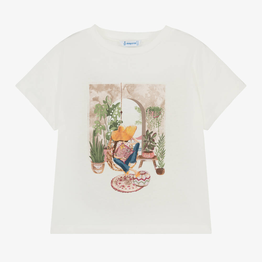 Mayoral - Girls Ivory Cotton Girl Print T-Shirt | Childrensalon