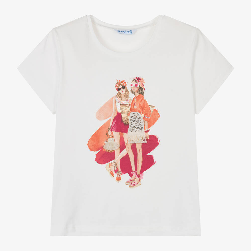 Mayoral - Girls Ivory Cotton Girls Print T-Shirt | Childrensalon
