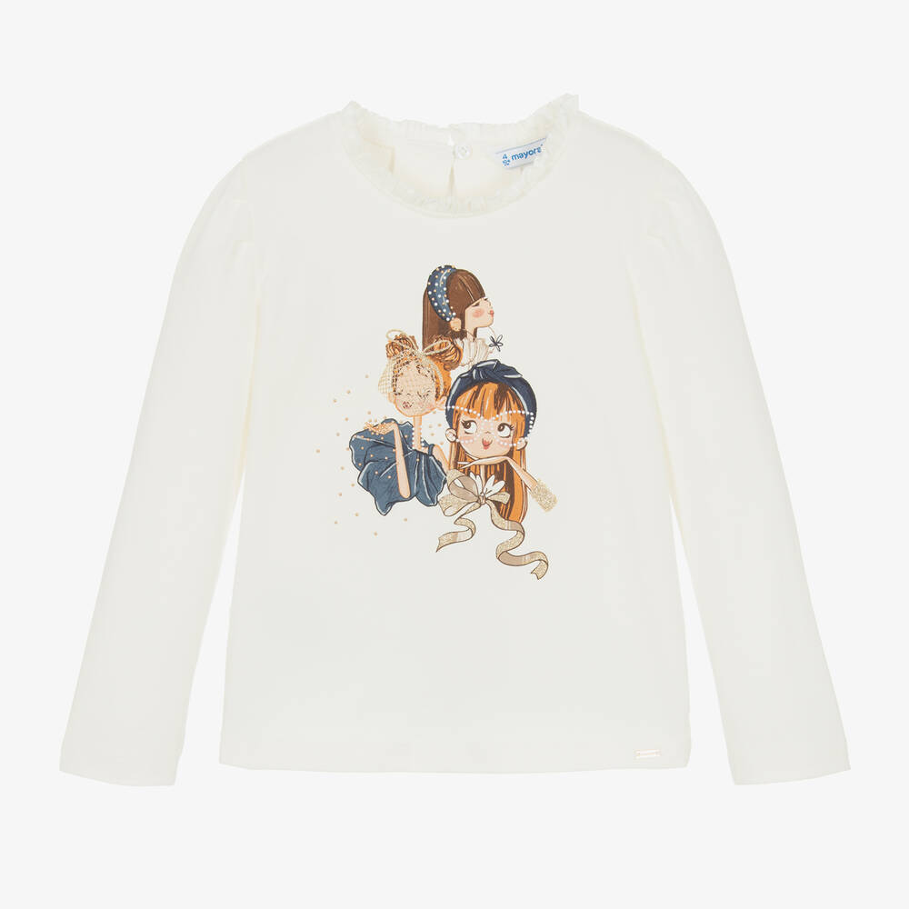 Mayoral - Girls Ivory Cotton Graphic Print Top | Childrensalon